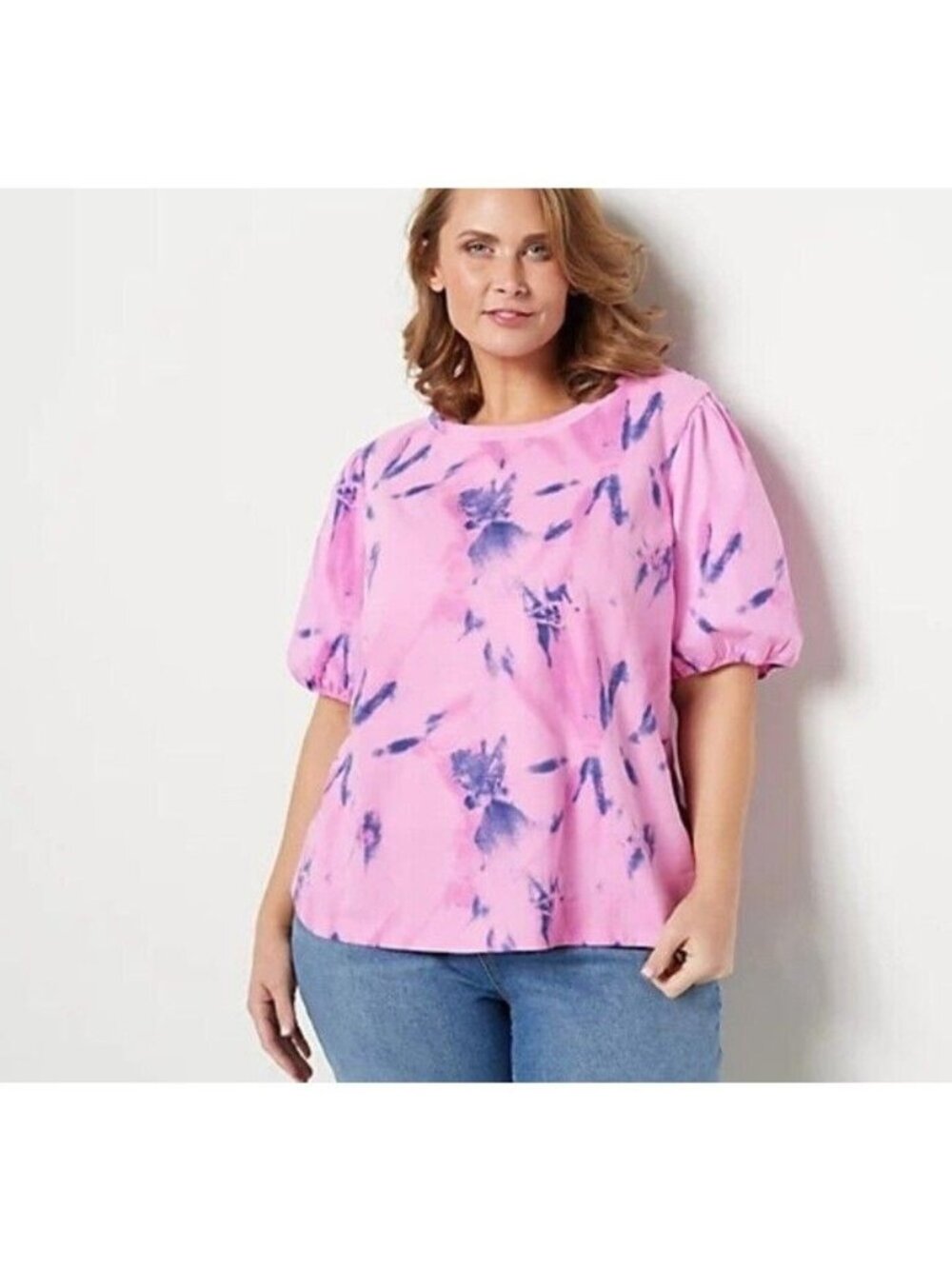 Candace Cameron Bure Top sz XXXS French Terry Poplin Sleeve Pink Tie Dye A473210
